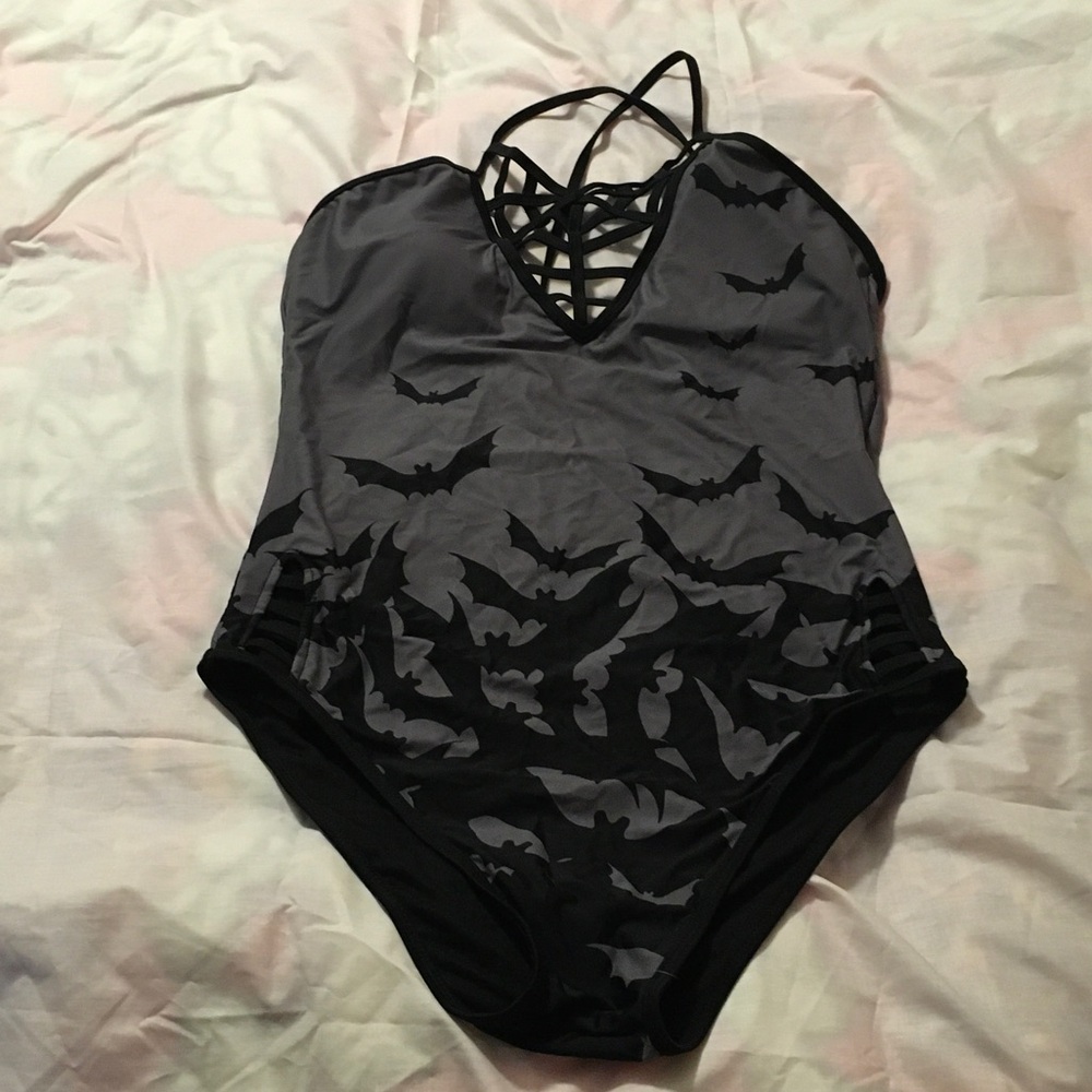 GOTH Gray & Black Bat-Print One-Piece Swimsuit with Spiderweb Neck